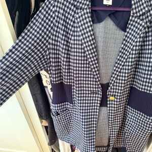 CAbi Checked Knit Blazer Jacket in Navy and White